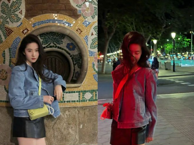 刘亦菲海外鲨疯了!印花T恤+牛仔阔腿裤都能穿得这么撩人!(图1)